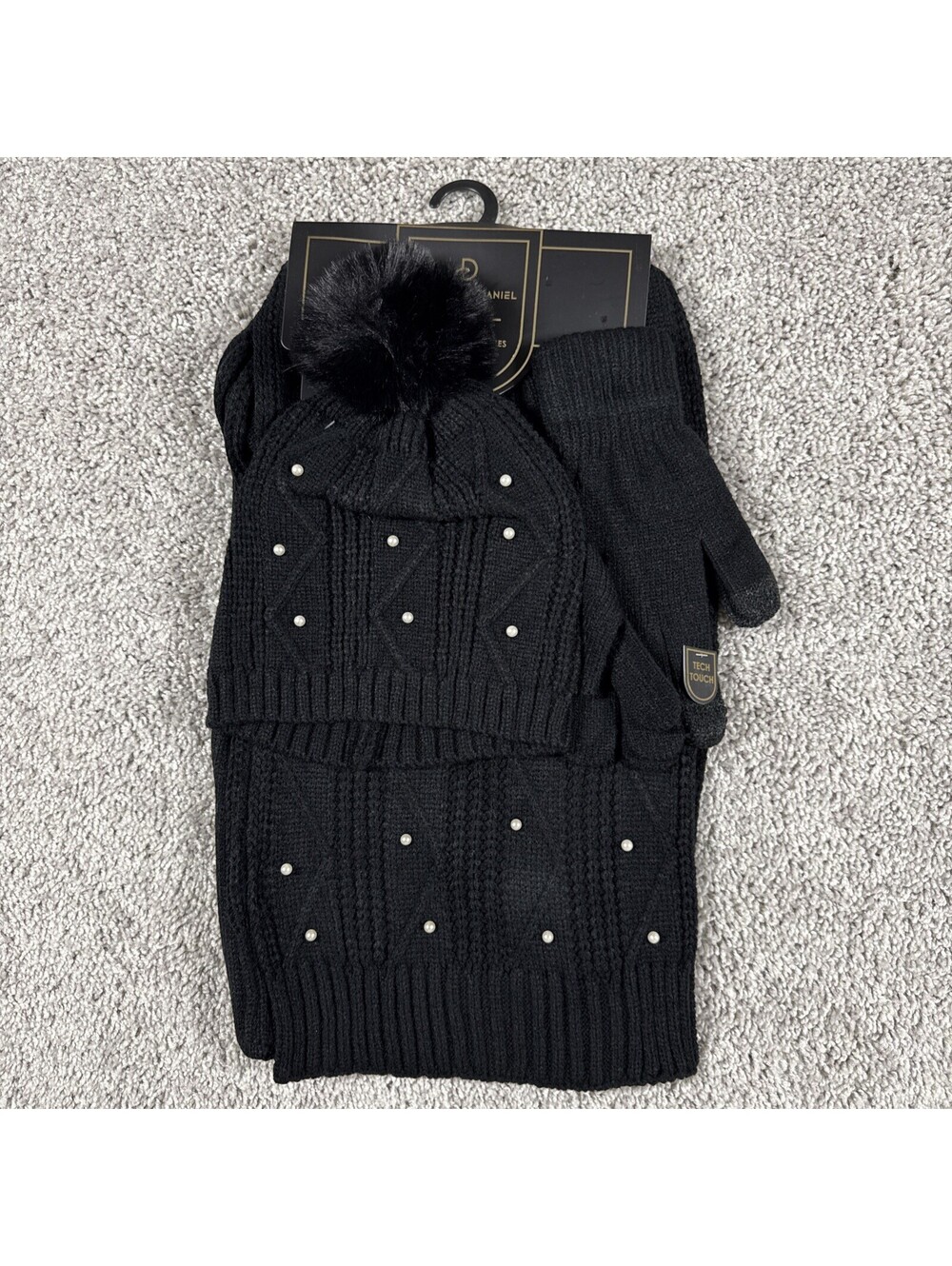 NWT Charlotte Daniel Scarf, Hat, Gloves Set Black With Pearl Accents Women’s
